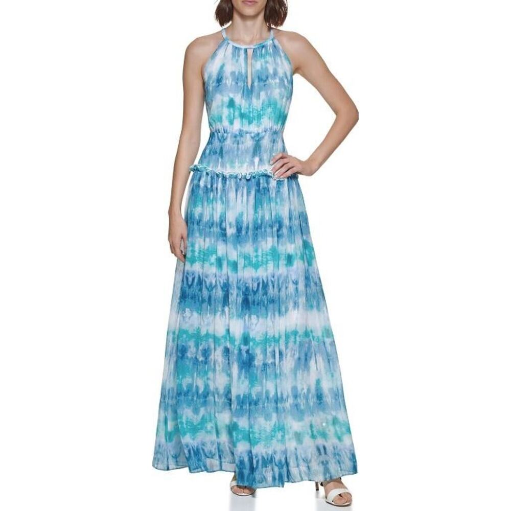 Calvin Klein Women's‎ Beaded Necklace Tie Dye Sleeveless Print Gown Blue 6 $229